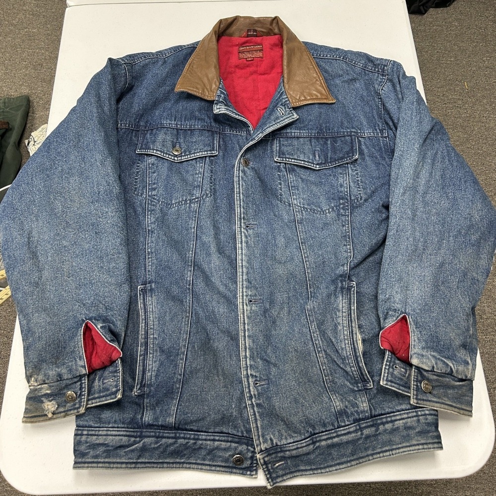 Chaps Ralph Lauren Denim Jacket Mens L Blue Leather Collar Flannel Lined Vintage